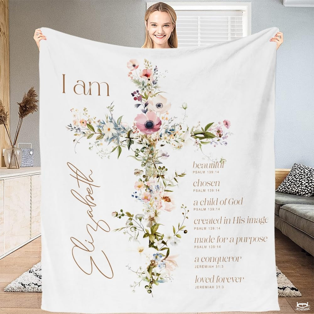Personalized Floral Cross Personalized Text Blanket, Lightweight