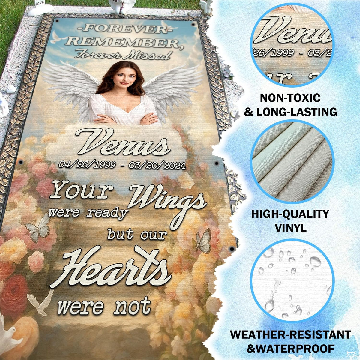 Close-up of angel portrait and lush peach and pink memorial floral garden details on grave blanket.