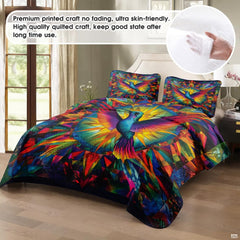 Staged bed showing blue hummingbird with radiating angular color shards