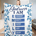 Christian faith Scripture acrostic throw blanket featuring Delft blue floral borders and biblical affirmations on white