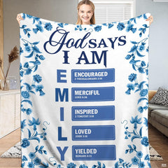 Christian faith Scripture acrostic throw blanket featuring Delft blue floral borders and biblical affirmations on white