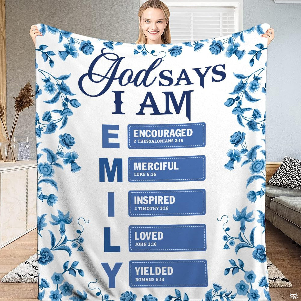 Christian faith Scripture acrostic throw blanket featuring Delft blue floral borders and biblical affirmations on white