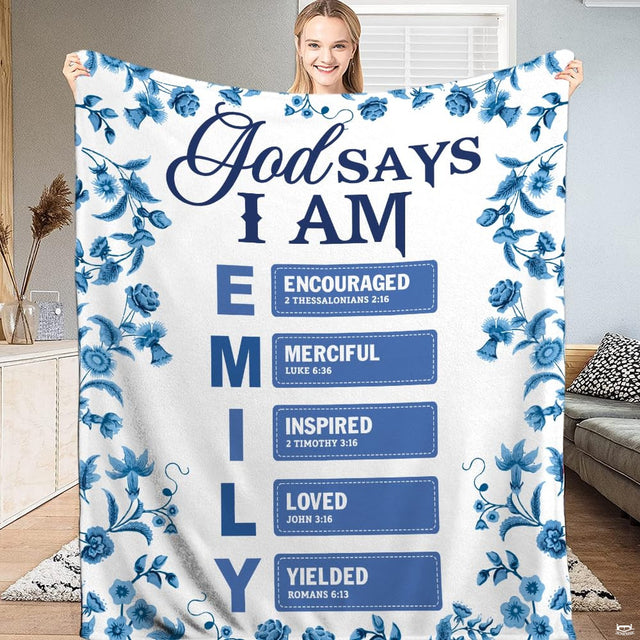 Christian faith Scripture acrostic throw blanket featuring Delft blue floral borders and biblical affirmations on white