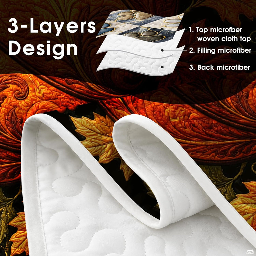 Folded corner perspective of harvest pumpkin bedding set displaying high-contrast autumnal print depth