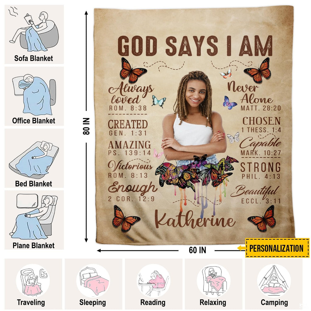 Detail of monarch butterfly graphics, aged parchment texture, and biblical verse lettering on a blanket