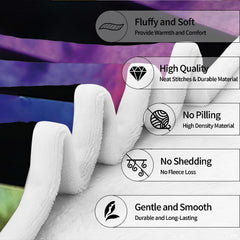 Folded print detail highlighting texture alongside five circular product attribute badges.