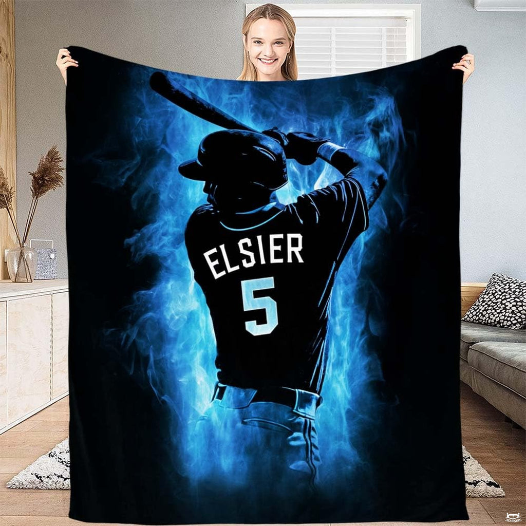 Baseball batter poised with bat surrounded by swirling electric blue smoke against black background, view 2.