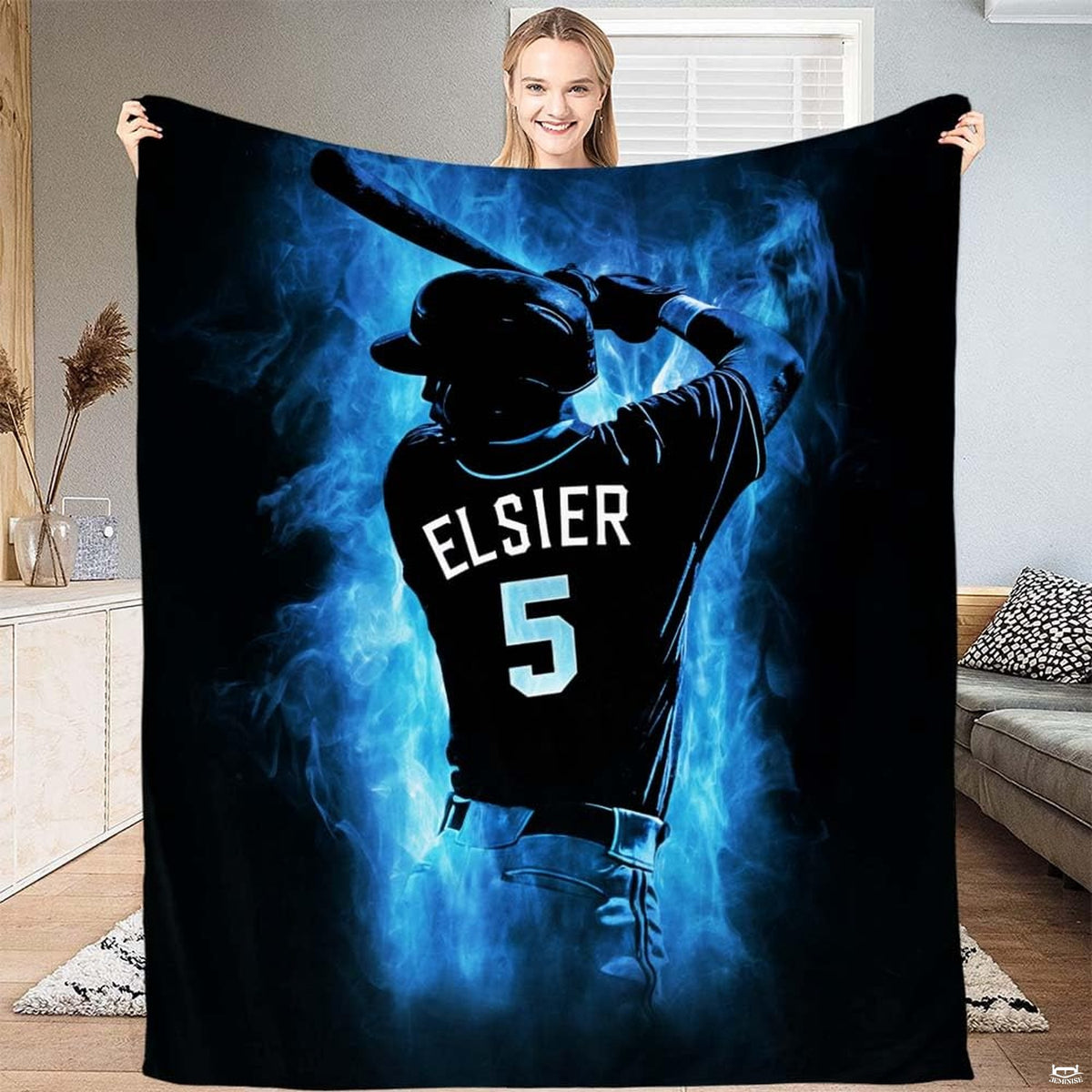 Baseball batter poised with bat surrounded by swirling electric blue smoke against black background, view 2.