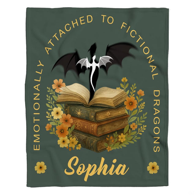 Emotionally attached to fictional dragons bookish blanket showing book stack and dragon view 2