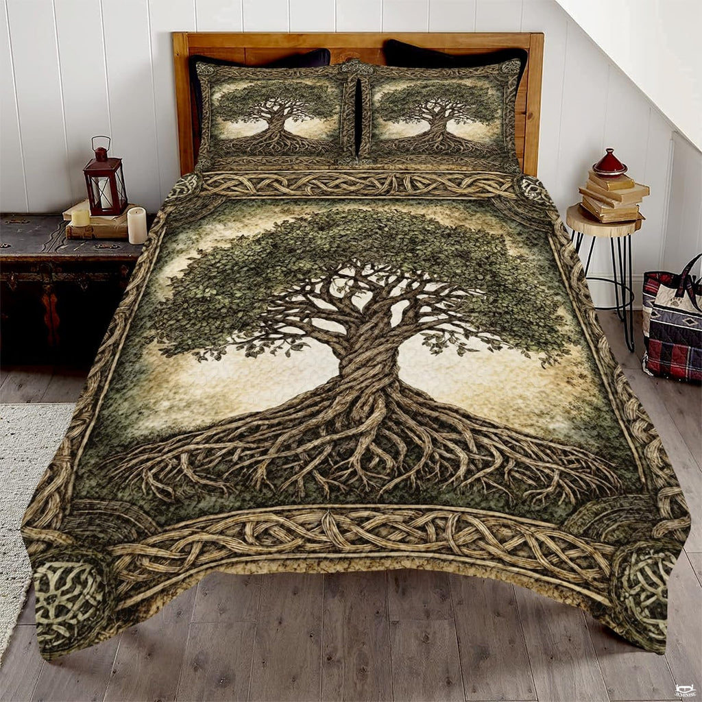 Celtic Tree of Life bedding displaying sacred oak tree with sprawling roots framed by interwoven Celtic knotwork border