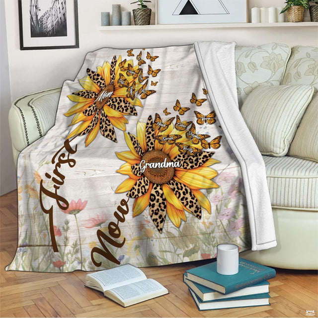 Cheetah print sunflower grandma throw blanket draped across living room sofa