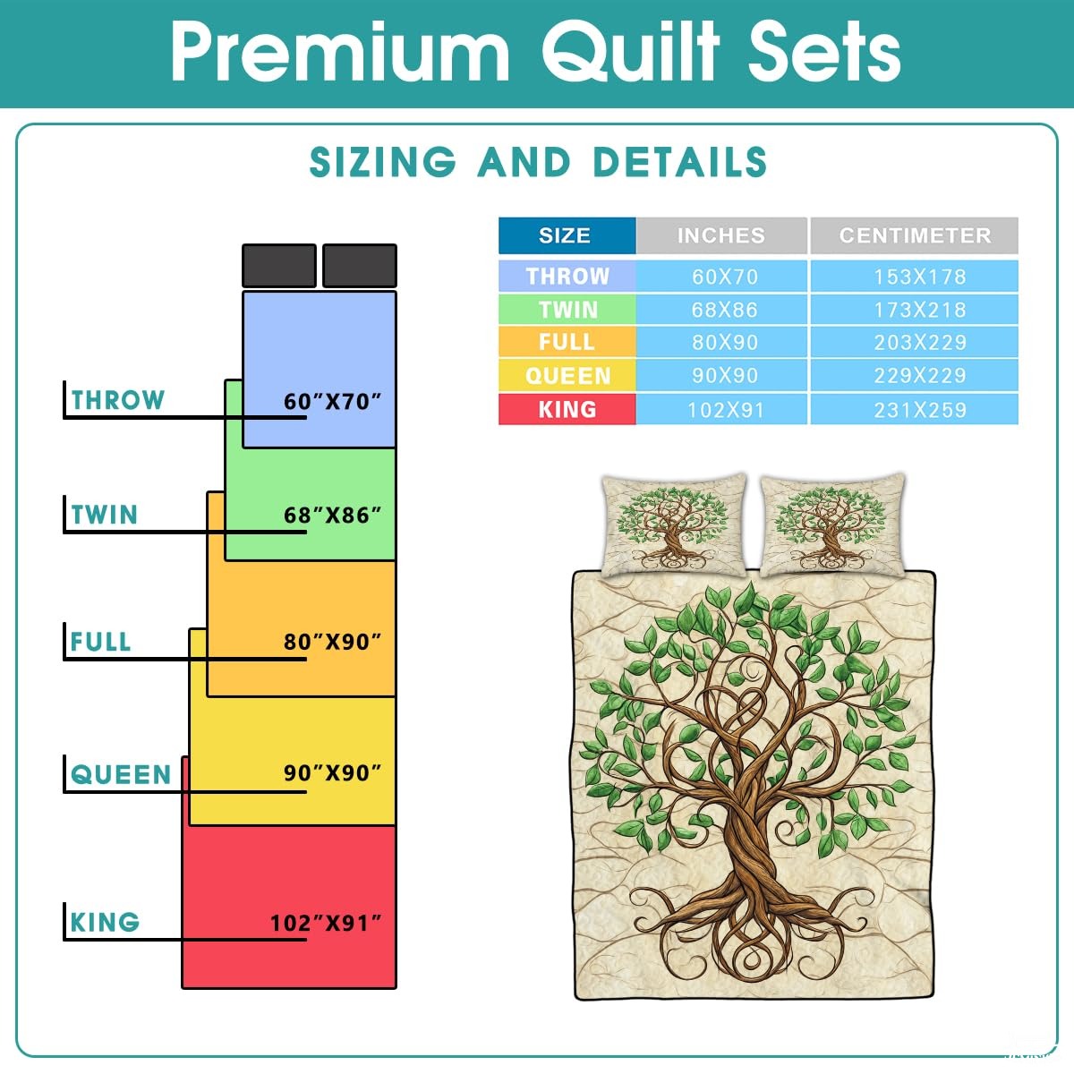 Nature and Mythology Tree of Life Quilt Set With Twisted Tree Trunk
