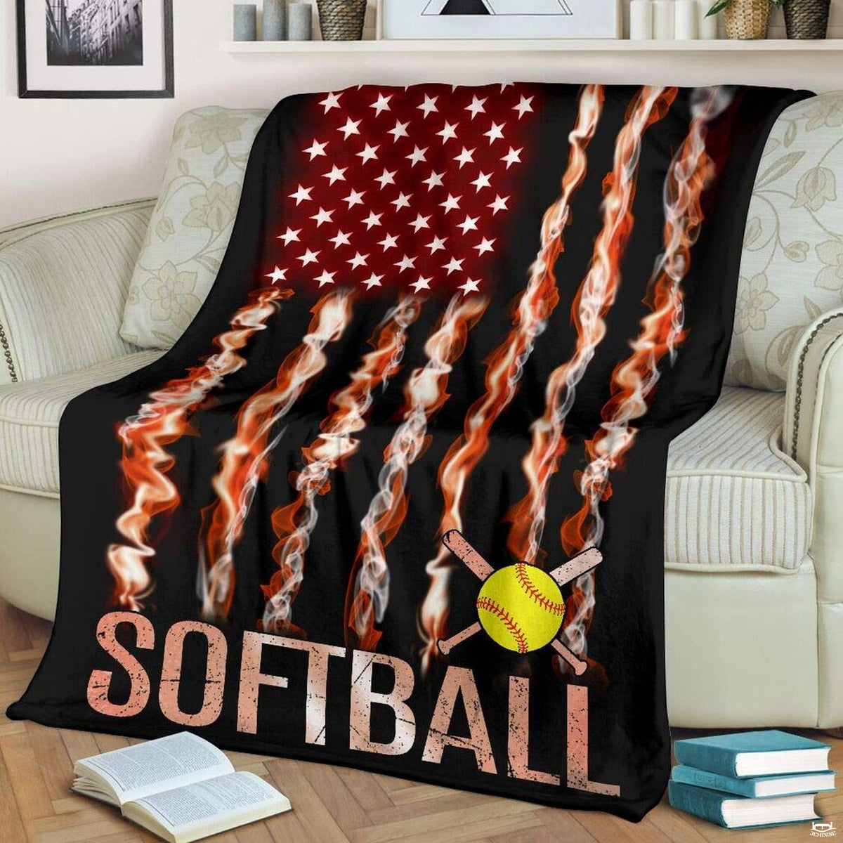 Blazing flame flag design displayed across ivory living room settee with novels.