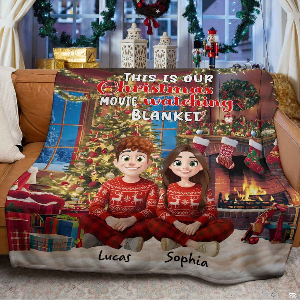 Couple Christmas fireplace holiday hearth blanket showing festive tree and mantel scene view 2