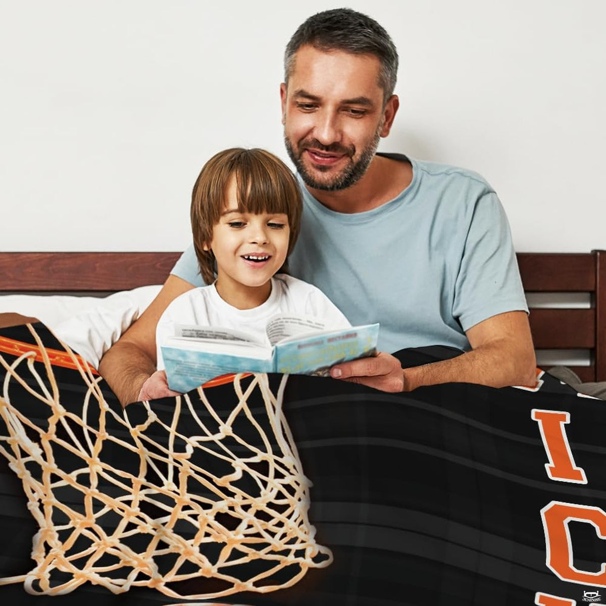 Basketball hoop sports throw blanket view 3 highlighting textured basketball and woven net graphics