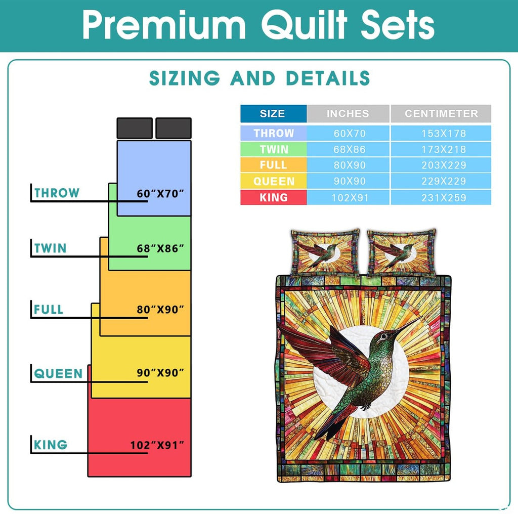 Sizing chart with small stained glass style hummingbird artwork