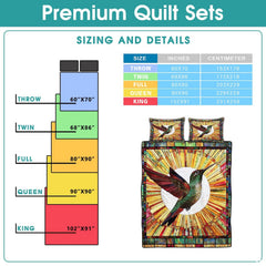 Sizing chart with small stained glass style hummingbird artwork