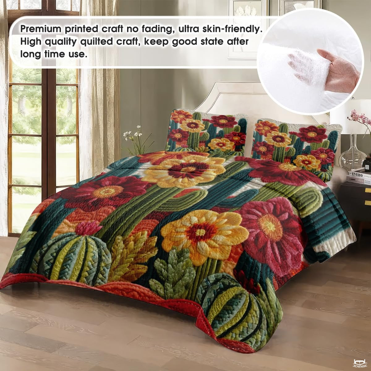 Personalized Vibrant Cactus Flower Quilt Set, Machine Washable