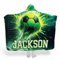 Soccer themed bedding featuring dynamic green splatter art and soccer ball net collision visual.