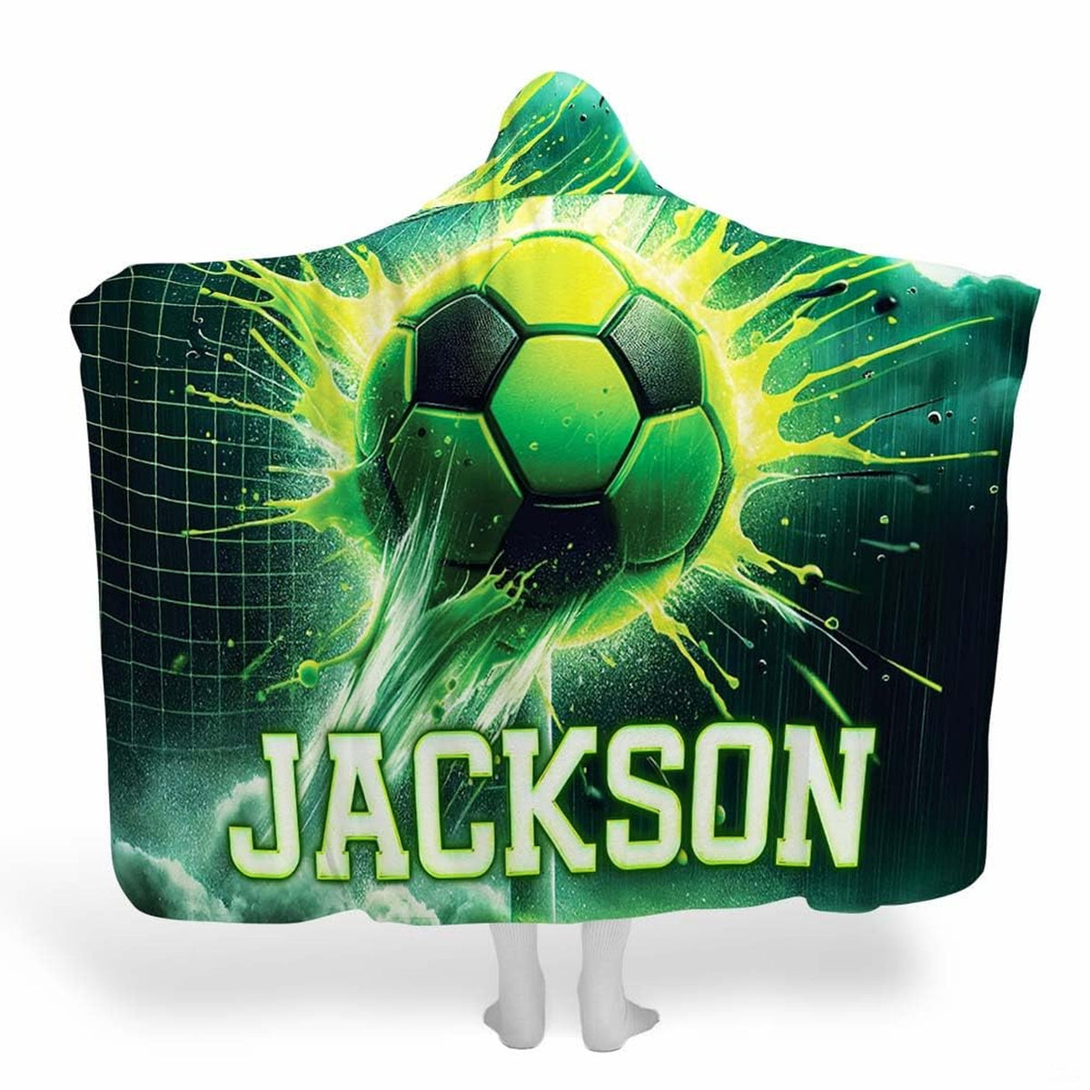 Soccer themed bedding featuring dynamic green splatter art and soccer ball net collision visual.