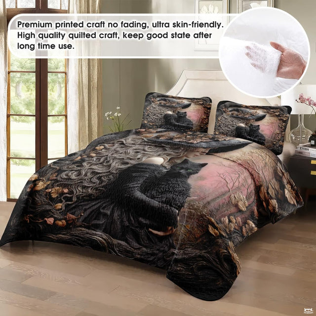 Silver-haired witch and cat bedding in a softly lit bedroom