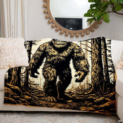 Forward-facing woodcut Sasquatch walking along a forest path framed by pine trees, view 6.