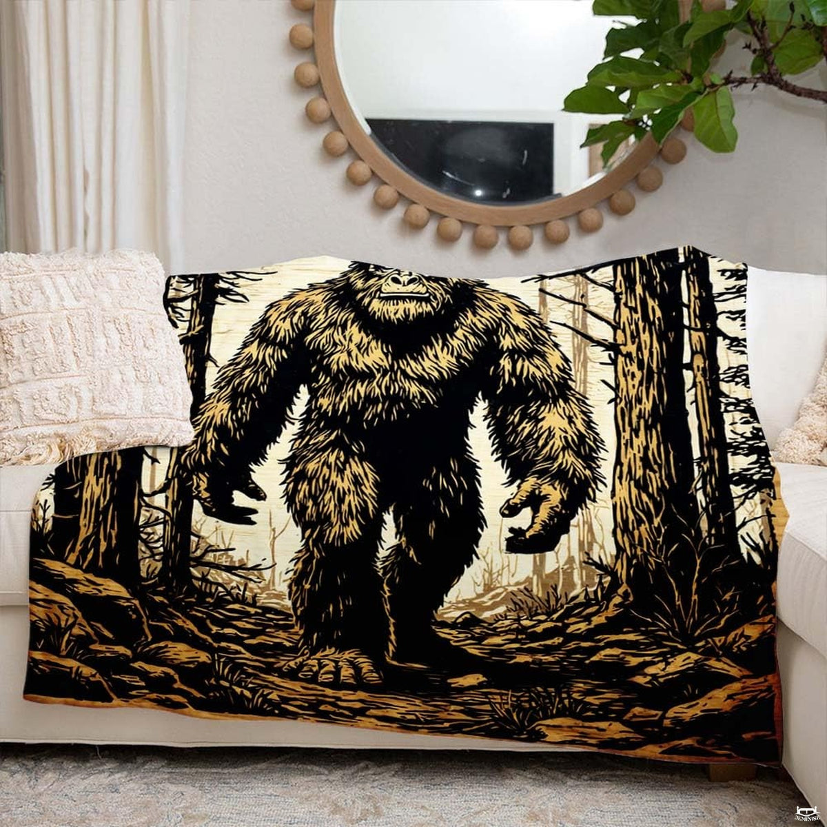 Forward-facing woodcut Sasquatch walking along a forest path framed by pine trees, view 6.