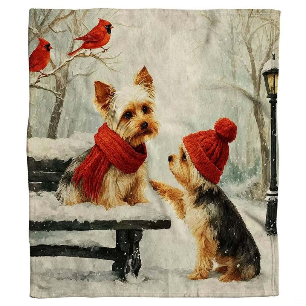 Close-up of the Yorkshire Terrier wearing a red knitted scarf sitting on a snow-covered park bench on a blanket