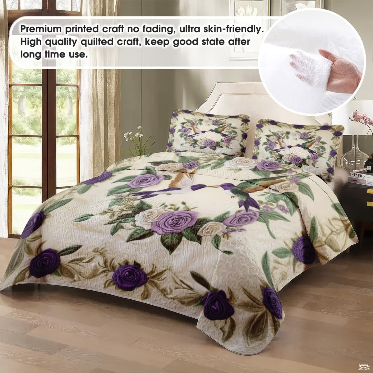 Floral bird bedding in a softly lit bedroom