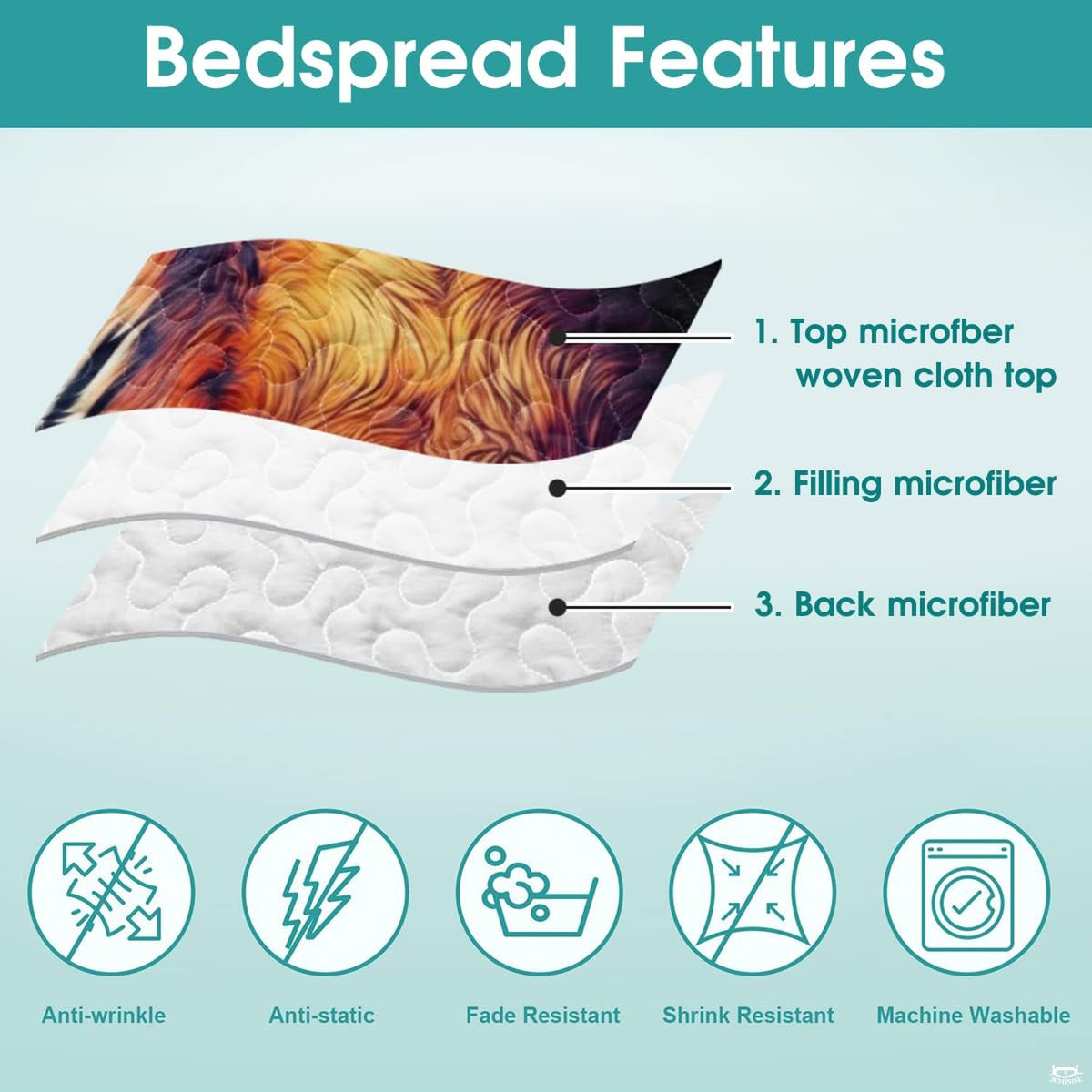 Cropped multicolor tiger artwork in a bedding construction graphic