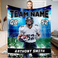 Quarterback football rush stadium turf throw blanket displaying an athletic player sprinting under arena lights