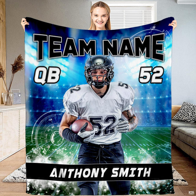 Quarterback football rush stadium turf throw blanket displaying an athletic player sprinting under arena lights