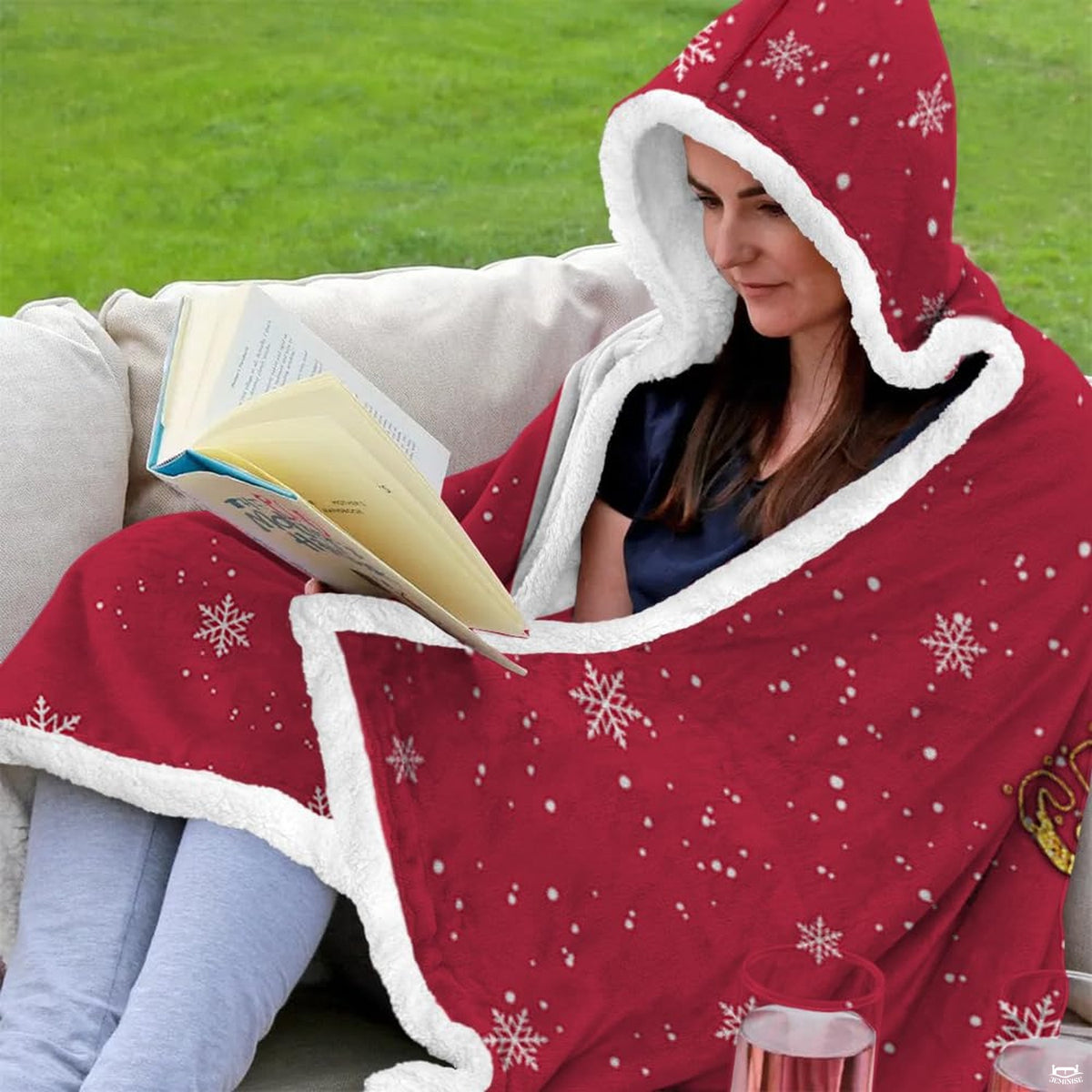 Christmas gingerbread throw blanket view 7 highlighting snowman, candy canes, and reindeer sleigh over moon