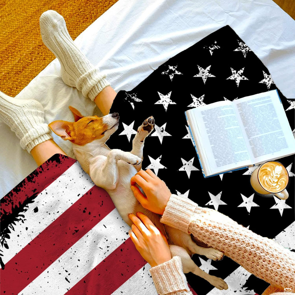 Rustic bigfoot american flag blanket draped across bedroom bed