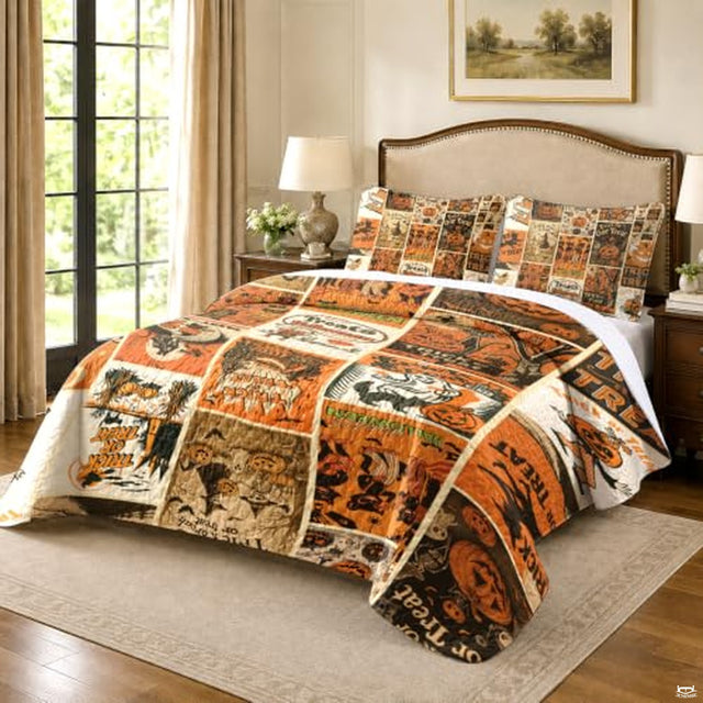 Vintage Halloween patchwork retro art bedding with pumpkins - view 2
