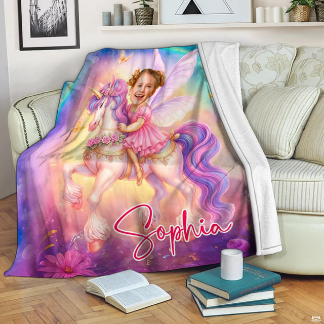 Close-up of fairy crib bedding set artwork with floral wreath details and gentle unicorn illustration.