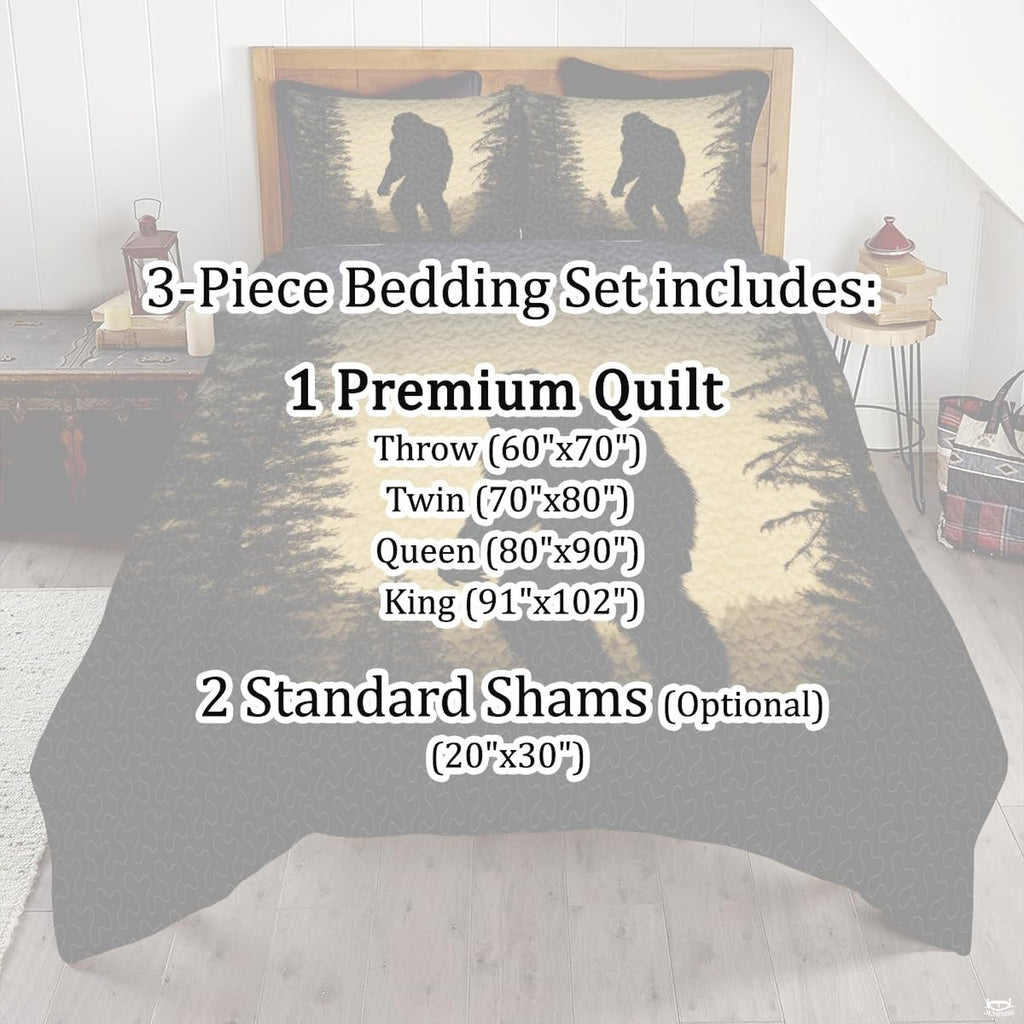 Full bedroom display of vintage mustard Bigfoot bedding styled with outdoor cabin room decor accents