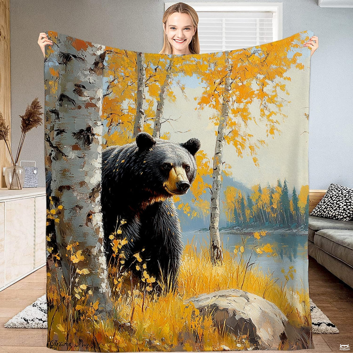 Oil painting landscape on a bear bedding set featuring a black bear beside autumn birch trees and a serene lake.