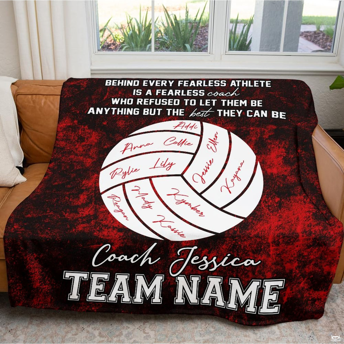 Close view of player signature script details along the illustrated ball panel seams on volleyball bedding.