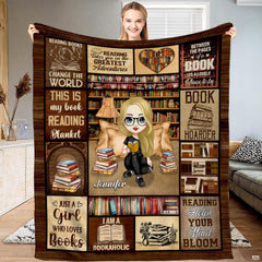 Personalized Blonde Girl Reading Amidst Bookshelves Blanket - Book