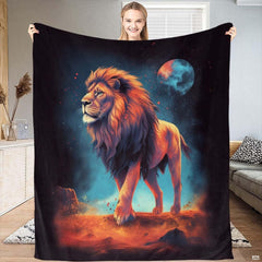 Cosmic prowling lion celestial moon throw blanket showing full-body lion on fiery ground