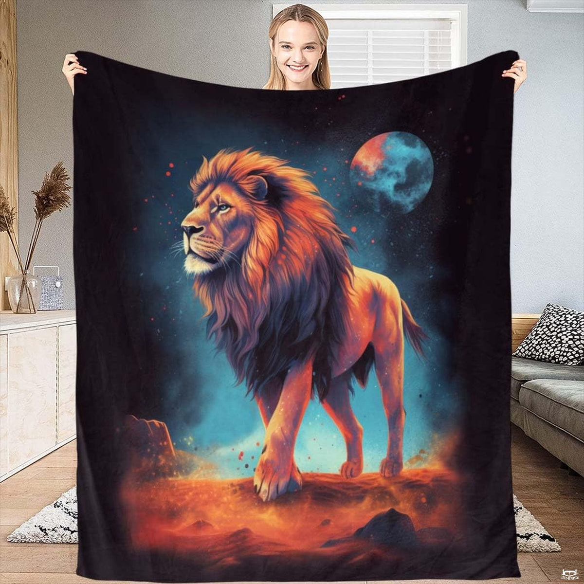 Cosmic prowling lion celestial moon throw blanket showing full-body lion on fiery ground