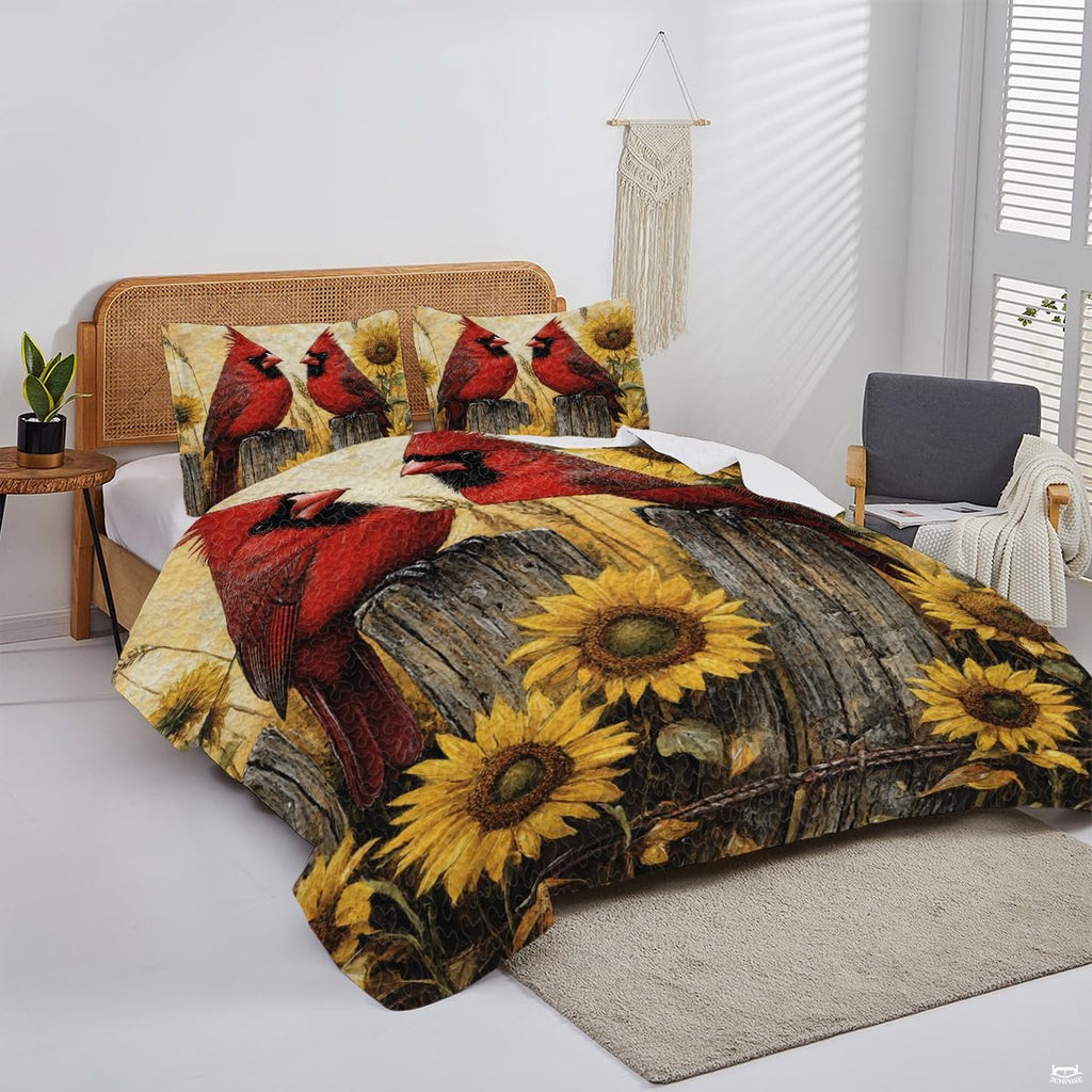 Overhead display of sunflower cardinal bedding arranged neatly over a mattress in a bright bedroom