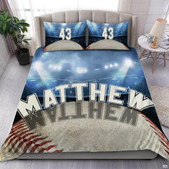 Baseball field bedding set displaying night stadium floodlights and athletic jersey typography.