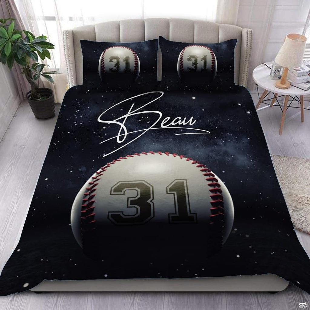 Monochrome black baseball athletic sports bedding set displayed on a bed in a modern room