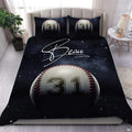 Monochrome black baseball athletic sports bedding set displayed on a bed in a modern room