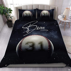 Monochrome black baseball athletic sports bedding set displayed on a bed in a modern room