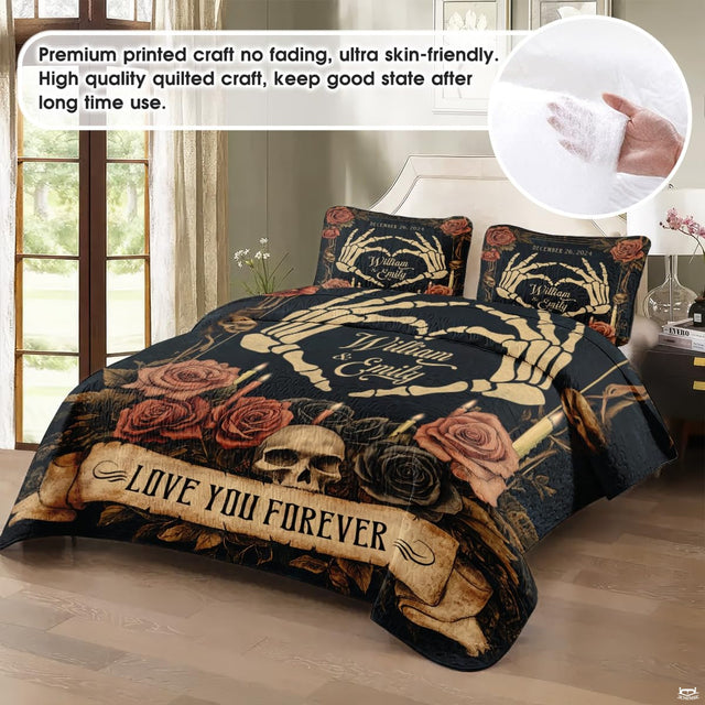 Close-up perspective of gothic bedding showing detailed skeleton heart hands and Love You Forever banner
