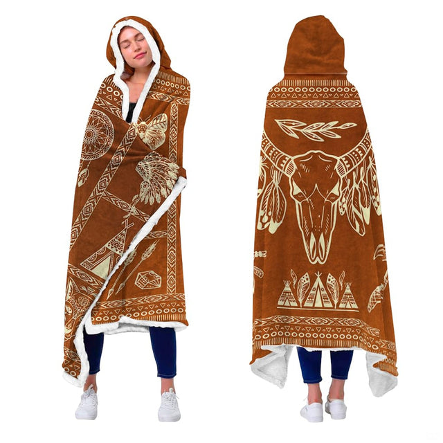 Southwestern steer skull throw blanket view 2 highlighting bull skull, teepees, and terracotta borders