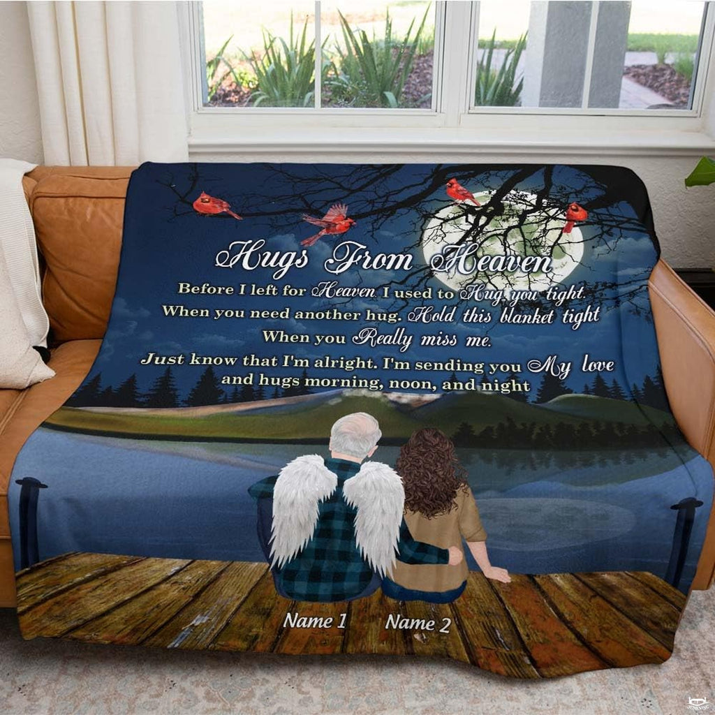 Memorial landscape with angel and loved one on dock under full moon with red cardinals, view 4.